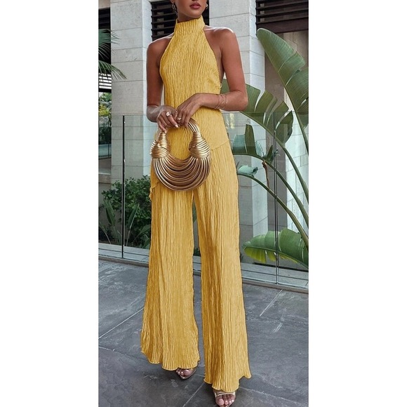 Commense Pants - Commense Yellow Plisse Two Piece Set Halter Asymmetrical Top Wide Leg Pants Sm